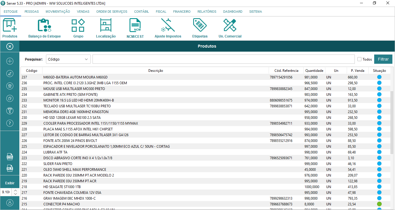 ServerGC: tela real de produtos e estoque